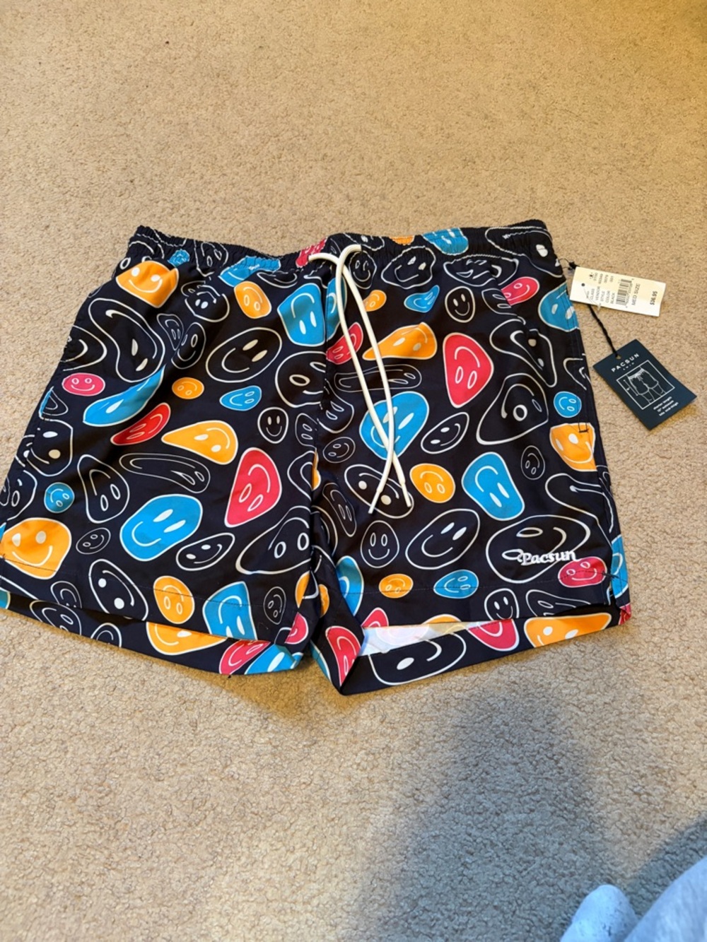 PacSun Black Swim Trunks with Multicolor Smiley Print